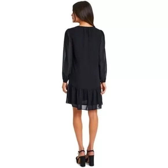 Draper James Tie Neck Flounce Shift chiffon long sleeve Mini Dress small Black - Picture 2 of 13